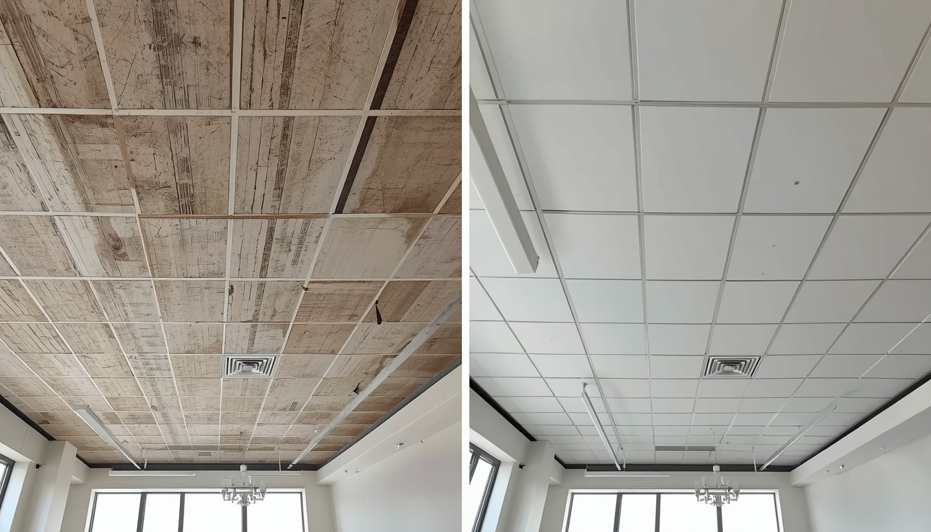 Before and after of a commercial building exposed ceiling upgrade in Gillingham