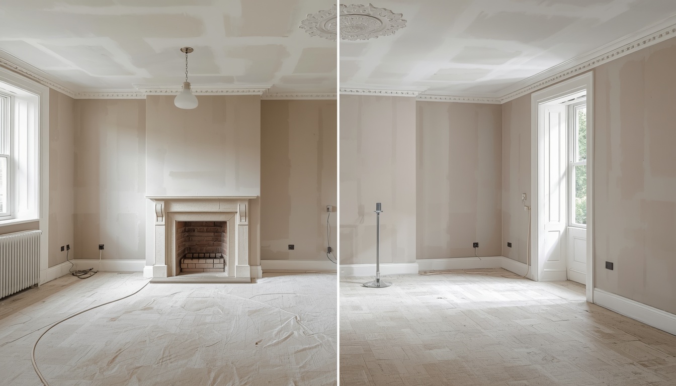 Before and after of an Edwardian house living room drylining in Gillingham