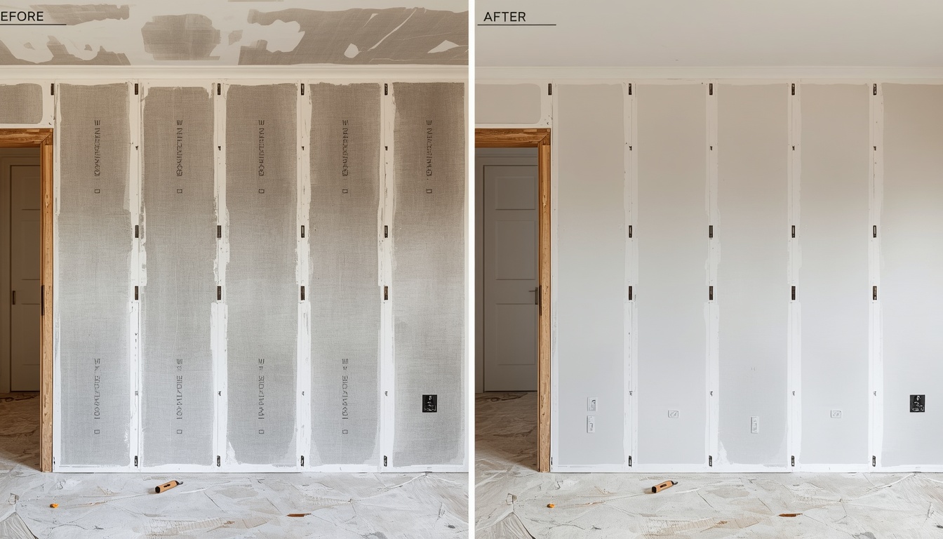 Before and after of a new-build partition wall in Gillingham — metal stud framing to skim-finished plasterboard