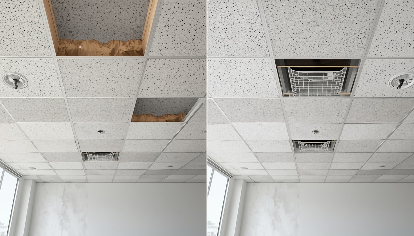 Before and after of an office suspended ceiling installation in Gillingham Gillingham