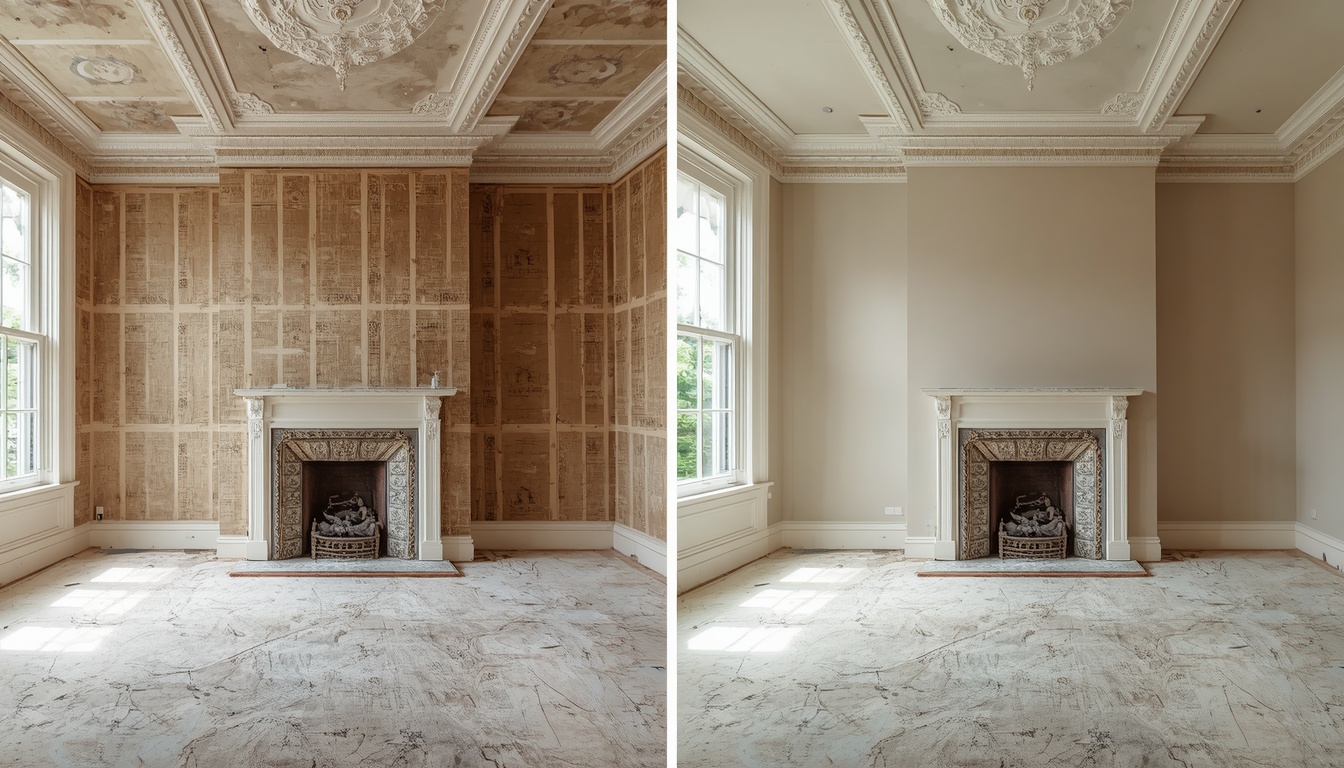 Before and after of a Victorian living room re-plaster in Grange Gillingham