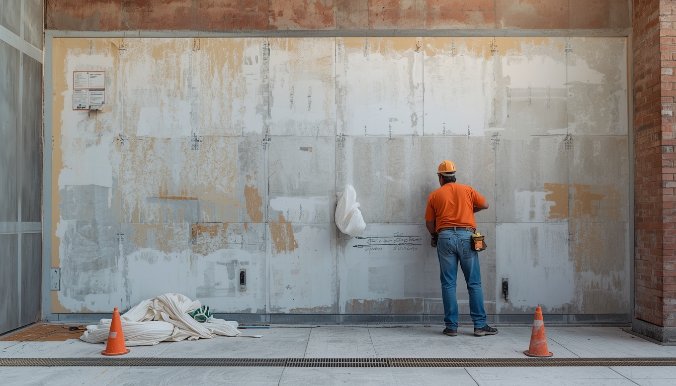 Drylining contractor in hi-vis working on a commercial wall in Gillingham