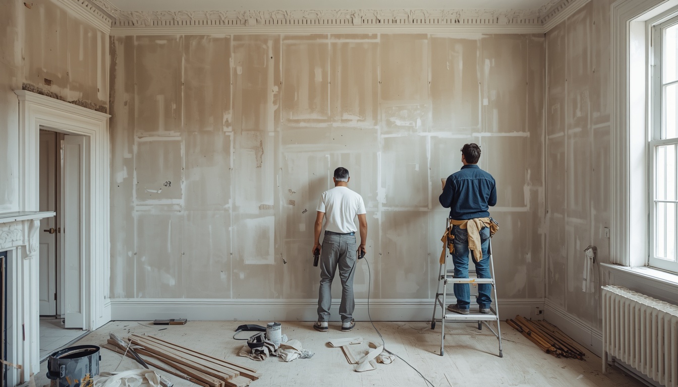 Drylining contractors installing a partition wall in a Victorian house in Gillingham